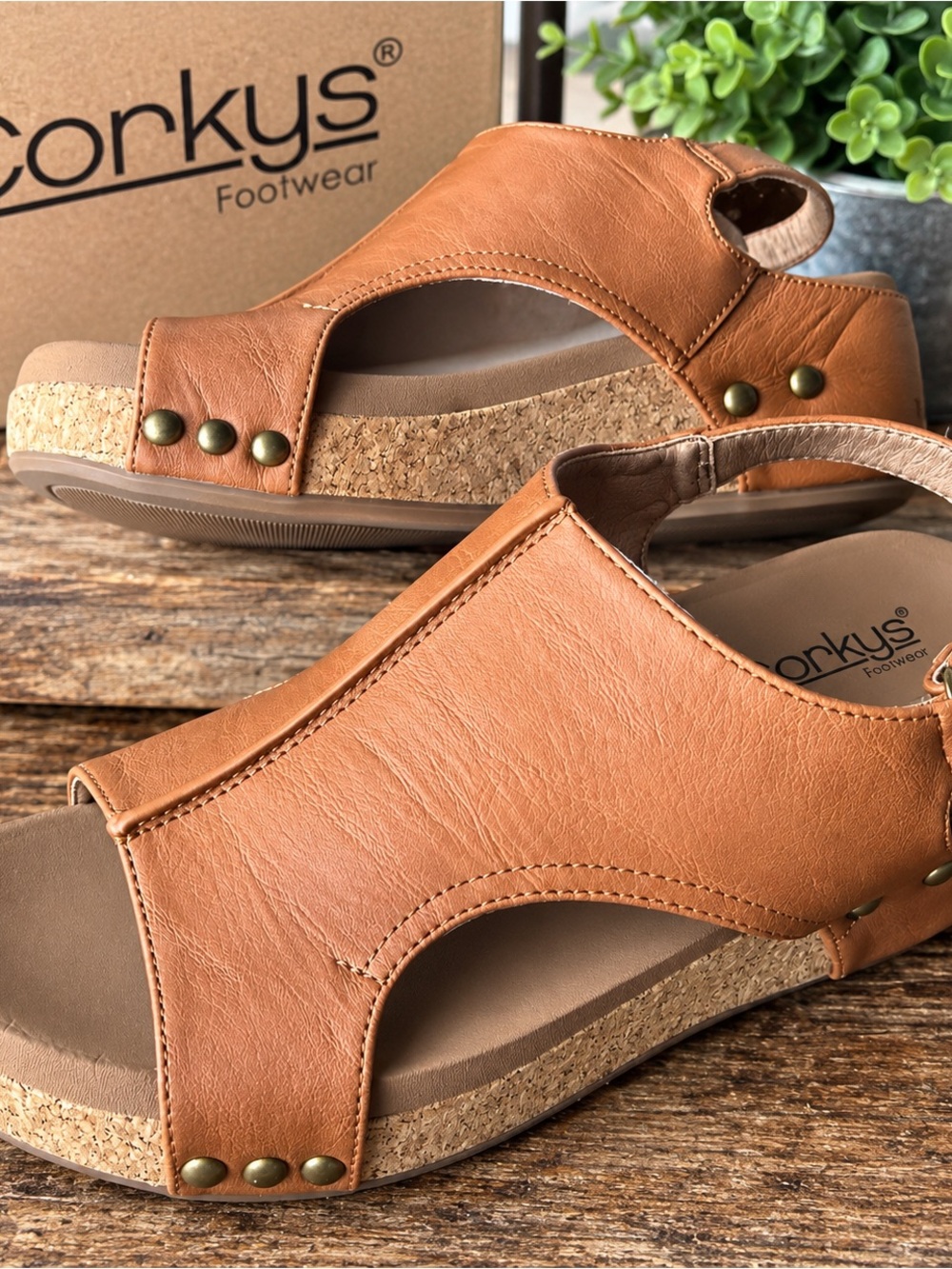 Corkys Tan Leather Cork Wedge Slide Sandals